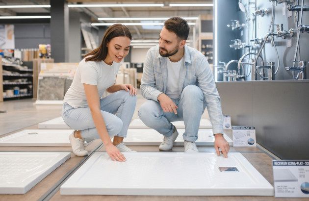 Couple comparant différents modèles de receveurs de douche extra-plats dans un showroom spécialisé salle de bains.