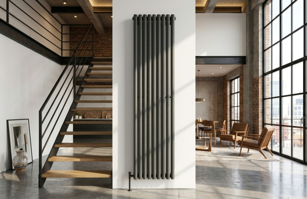 Grand radiateur vertical noir intégré à une décoration industrielle avec escalier métallique.