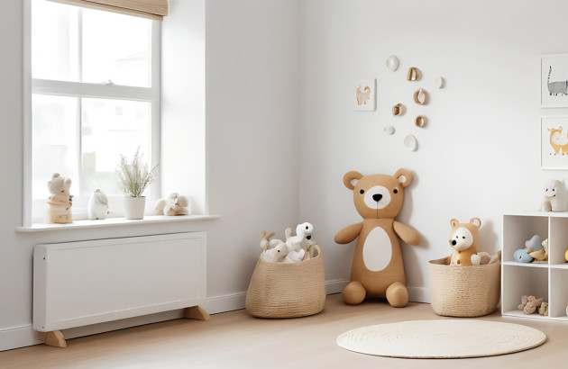 Chambre de bébé avec lit et peluches, couleur beige