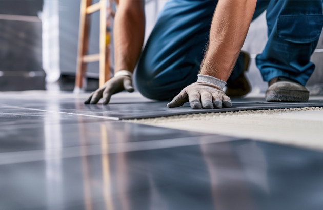Carreleur au sol qui pose des carreaux de carrelage fins