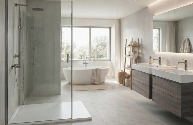 Grande salle de bains avec douche, baignoire et double vasque.