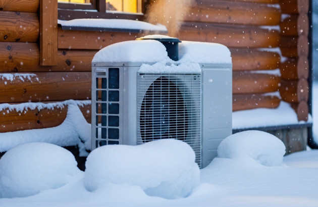 Pompe à chaleur extérieure enneigée installée contre un chalet en bois durant l’hiver.
