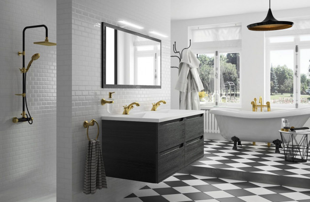 Salle de bains blanc et noir au look rétro-vintage
