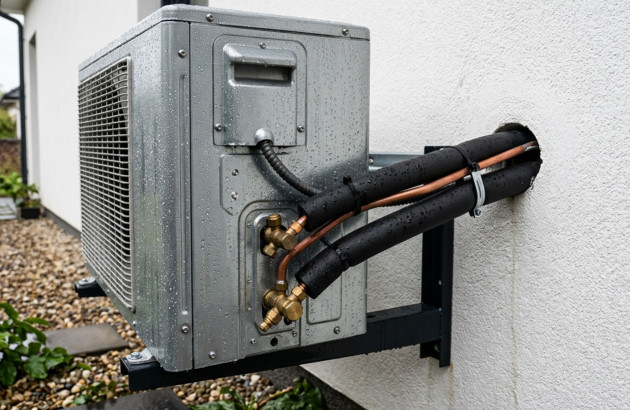 Groupe extérieur de climatiseur réversible fixé sur une façade avec raccordements frigorifiques visibles.
