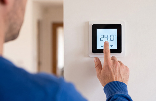 Homme qui règle la température intérieure à 24°C sur un thermostat