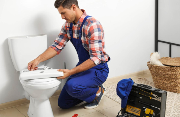 Plombier en train de démonter un toilette