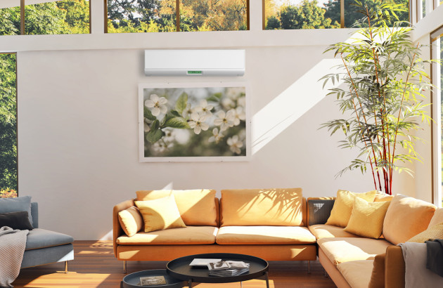 Unité intérieure de PAC air-air installée dans un salon d'une maison