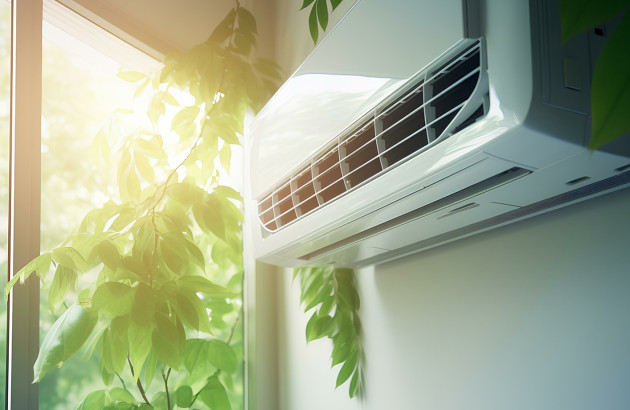 Climatiseur mural intérieur diffusant de l’air frais près d’une fenêtre