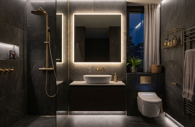 Salle de bains contemporaine sombre avec douche et éclairage LED.