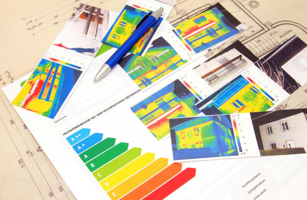 Feuilles sur une table qui contiennent des images avec gradient thermique de maison et des diagrammes de performance energétique