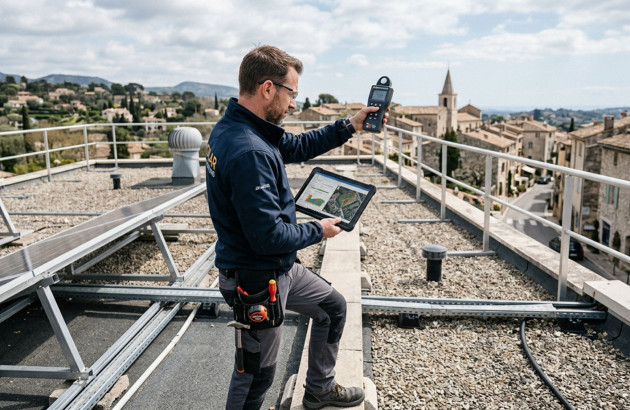 Installateur solaire sur le toit d'un immeuble en train de vérifier l'ensoleillement