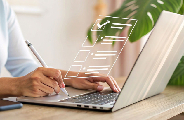 Femme qui utilise un stylo pour écrire une liste sur son ordinateur