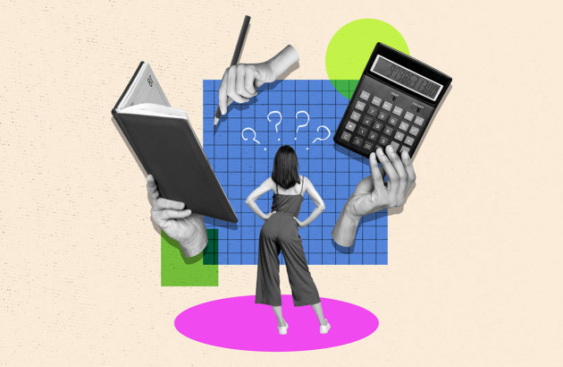 Visuel avec une femme qui se questionne au centre, avec calculatrice, crayon et cahier autour d'elle