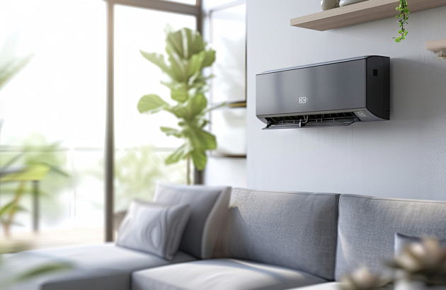 Climatiseur design noir installé au-dessus d’un canapé dans un intérieur contemporain.
