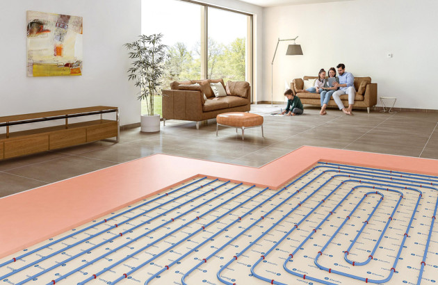 Grand salon avec une vue en coupe de planchers chauffants