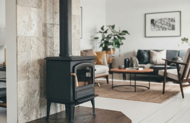 Poêle à bois dans salon avec mur en pierre et décoration contemporaine