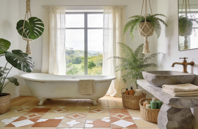 Salle de bains style bohème avec des couleurs sobres et claires