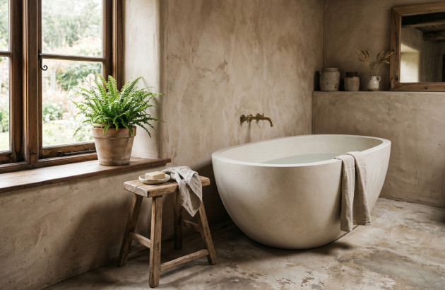 Baignoire ovale dans une salle de bains aux tons naturels et à l'esprit détente.