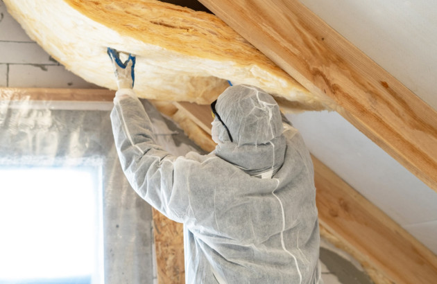 Artisan en vêtement de travail qui pose de la laine d'isolation au plafond