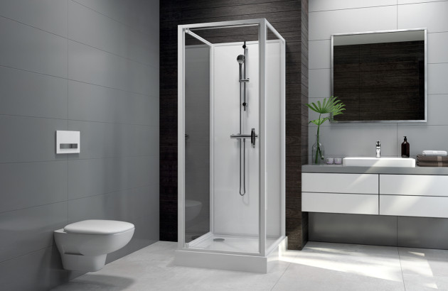 Cabine de douche carrée dans une salle de bains noire grise et blanche