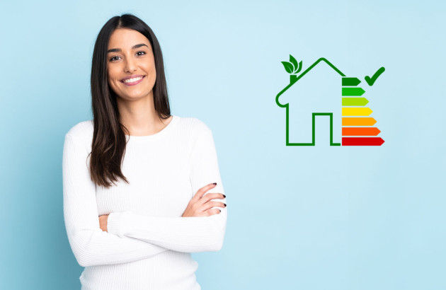 Femme debout à côté d'une représentation simplifiée de classes énergétiques