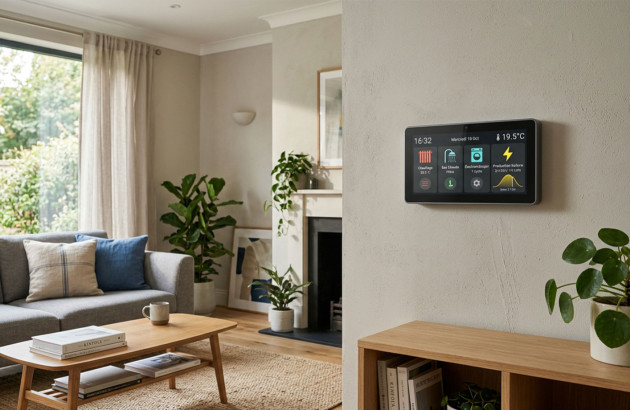 Vue d'une tablette domotique au mur d'une maison pour gérer l'alimentation en électricité de différents appareils