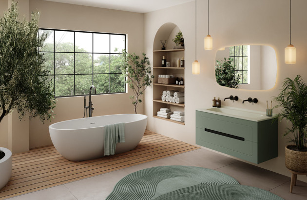 Salle de bains spacieuse avec meuble double vasque vert suspendu et baignoire îlot blanche.
