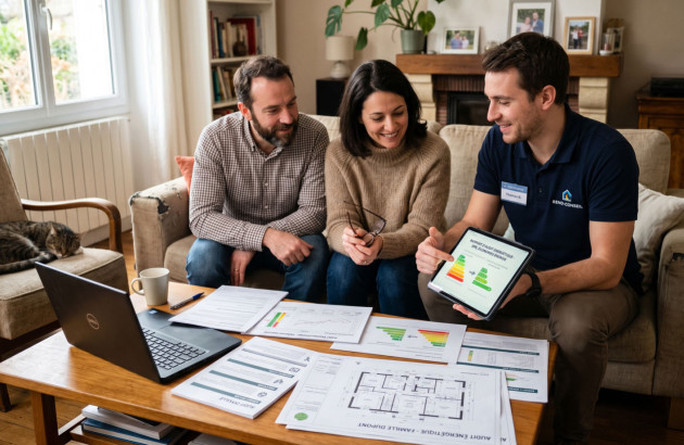 Conseiller en rénovation présentant un diagnostic énergétique à un couple à domicile.