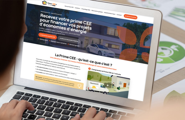 Personne consultant un site internet consacré aux primes CEE pour financer des travaux de rénovation énergétique.