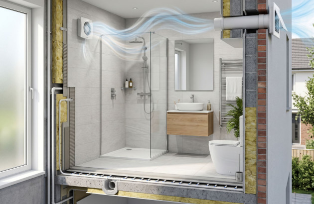 Coupe technique d’une salle de bains avec extracteur VMC et circulation de l’air vers l’extérieur.
