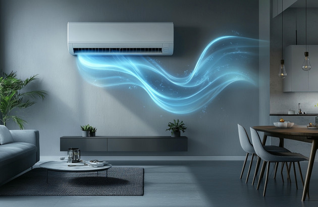 Climatisation réversible murale diffusant de l’air frais dans un salon moderne, illustration du confort thermique