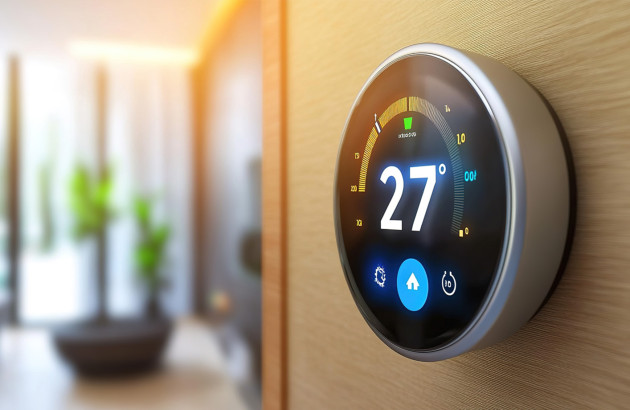 Thermostat d'ambiance programmable sur un mur de maison avec écran tactile