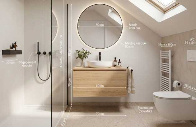 Plan d’aménagement d’une salle de bains de 5 m² avec douche, WC suspendu et meuble vasque compact