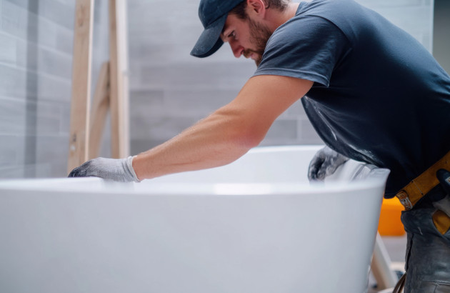Artisan installant une baignoire dans le cadre d’une rénovation de salle de bains.
