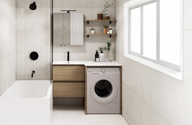 Salle de bains moderne avec douche à l’italienne, meuble double vasque suspendu et carrelage beige effet pierre.