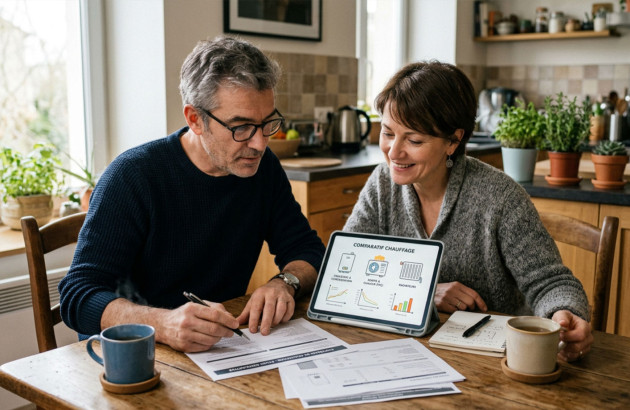 Couple comparant différentes solutions de chauffage à l’aide d’une tablette et de documents.