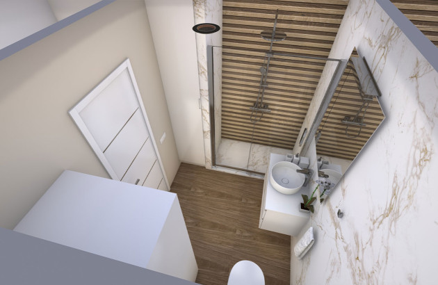 Plan 3D d’une petite salle de bains optimisée avec douche.