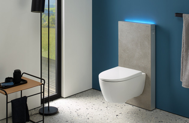 WC suspendu moderne avec plaque de commande et mur coloré, décoration minimaliste de toilettes contemporaines