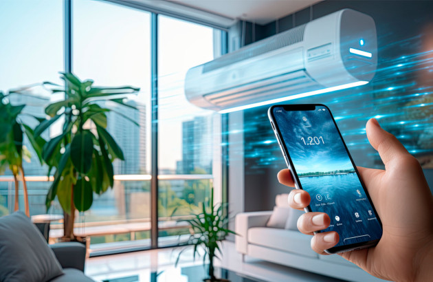 Personne qui contrôle sa climatisation avec son téléphone, image futuriste