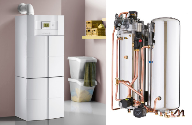 Chaudière gaz dans une buanderie et image de dos avec le système de tuyauterie