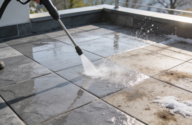 Personne qui nettoie son carrelage extérieur avec un nettoyeur haute pression