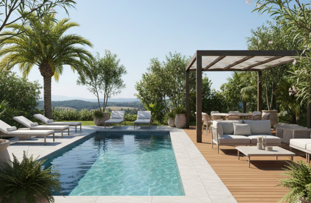 Terrasse en bois et carrelage en bord de piscine