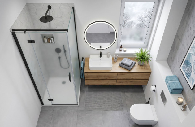 Petite salle de bains optimisée avec cabine de douche et meuble bois