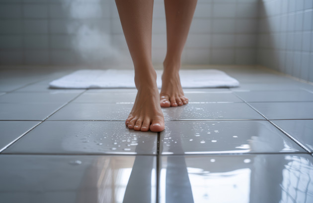 Femme qui marche pieds nus sur un sol mouillé de salle de bains