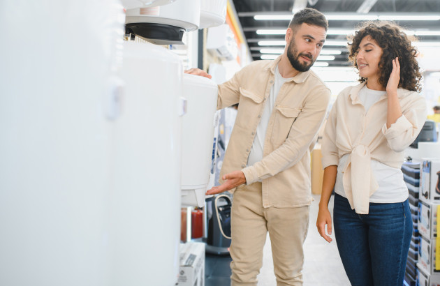 Femme qui se fait conseiller par un conseiller sur des chauffe-eau