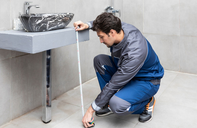 Homme qui mesure la hauteur d'un plan vasque