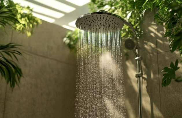 Pommeau de douche avec de l'eau qui coule dans une douche avec des plantes vertes qui pendent