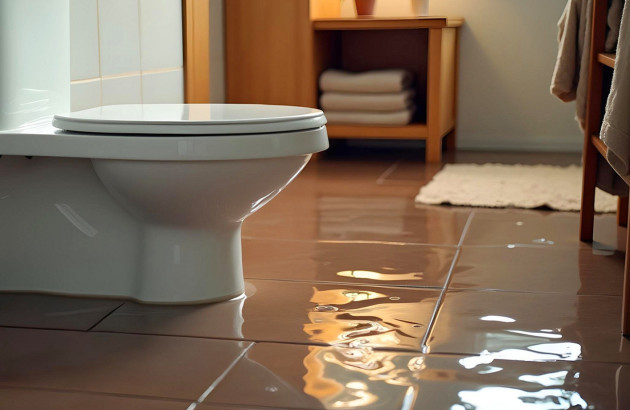 Carreaux de carrelage mouillés dans une salle de bains avec wc