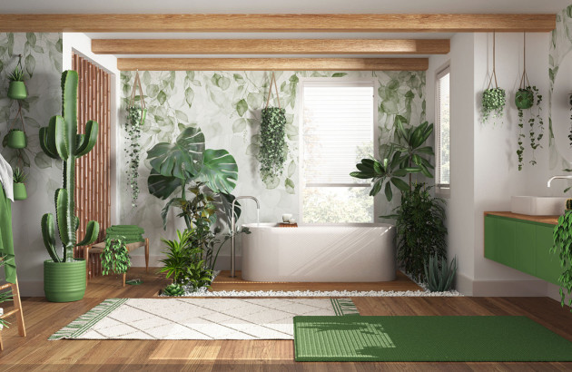 Salle de bains lumineuse ambiance jungle