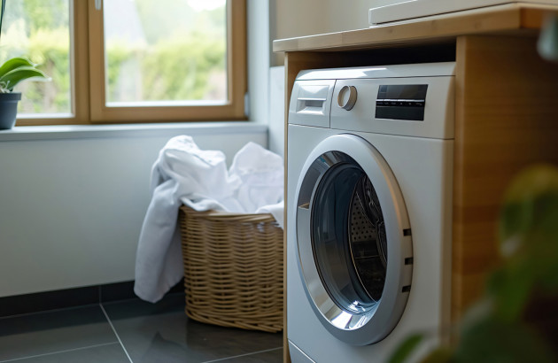 Machine à laver positionnée sous un meuble en bois dans une salle de bains